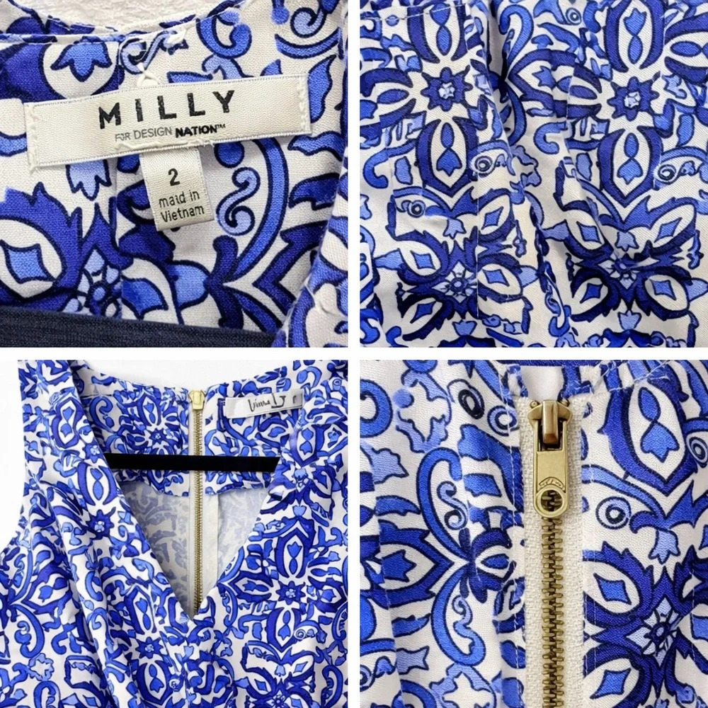 Milly Blue White Mediterranean Tile Fit Flare Dress Size 2 - Picture 4 of 6